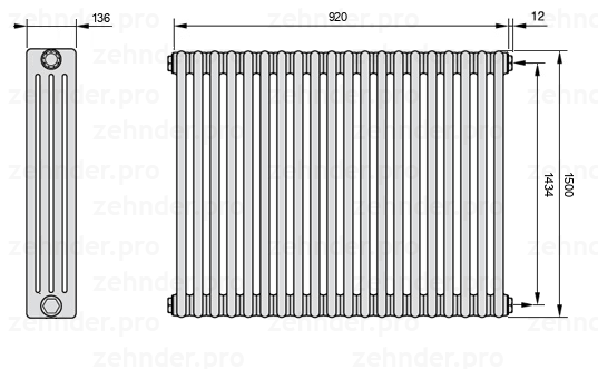 Схема (чертеж) Радиатор Zehnder Charleston 4150/20 №7610 Белый глянцевый RAL 9016